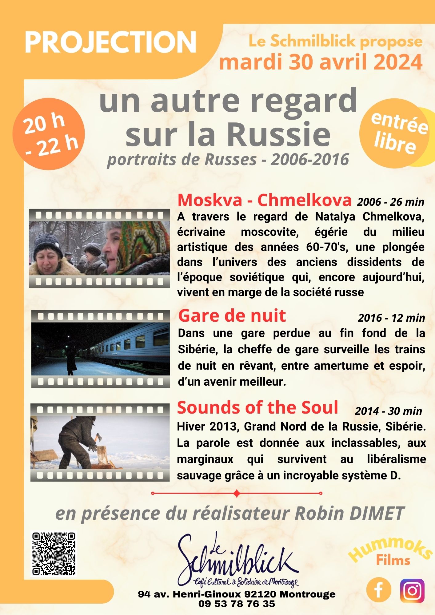 Affiche. Le Schmilblick, Montrouge. Un autre regard sur la Russie - Portraits de russes - 2006-2016. Moskva - Chmelkova - Gare de nuit - Sounds of the Soul, par Robin DIMET. 2024-04-30